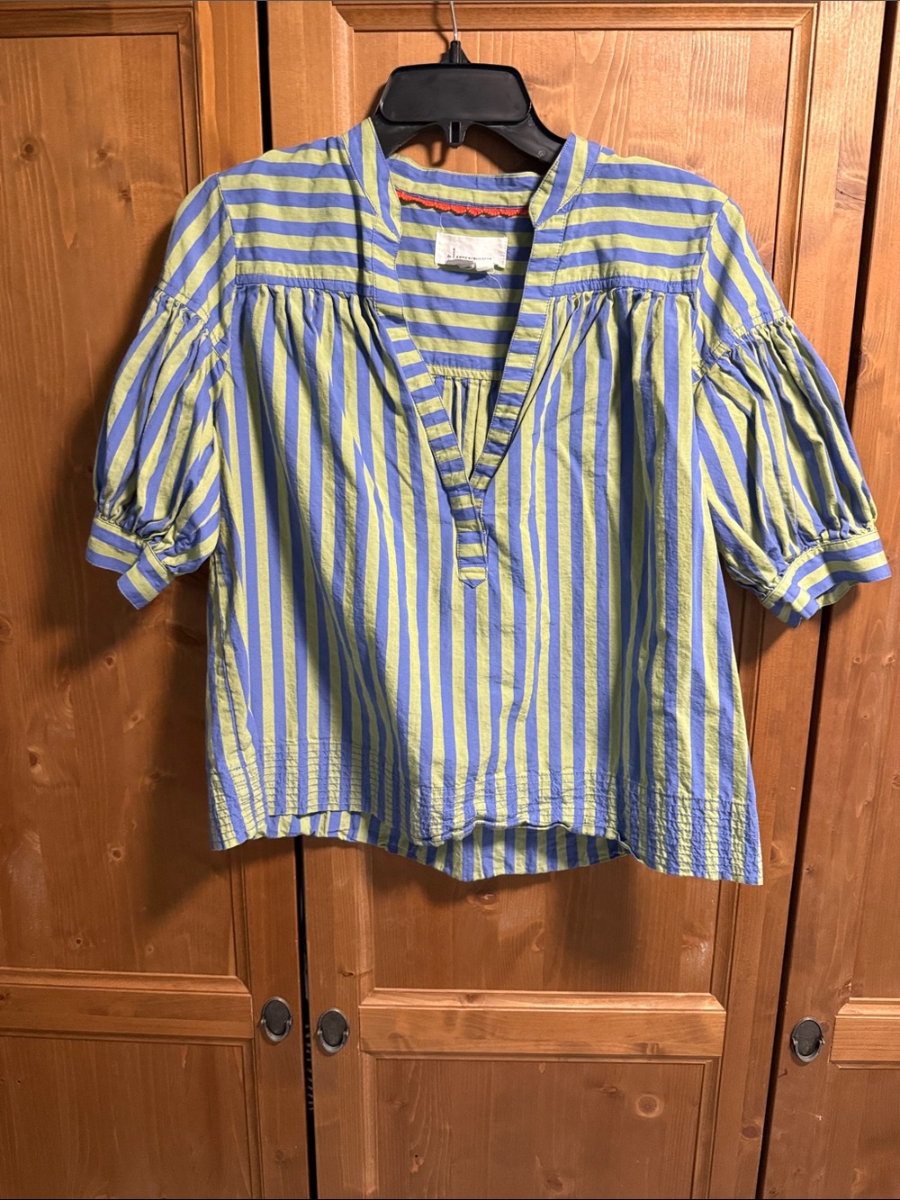 Anthropologie Blue and Lime Striped V-Neck popover top